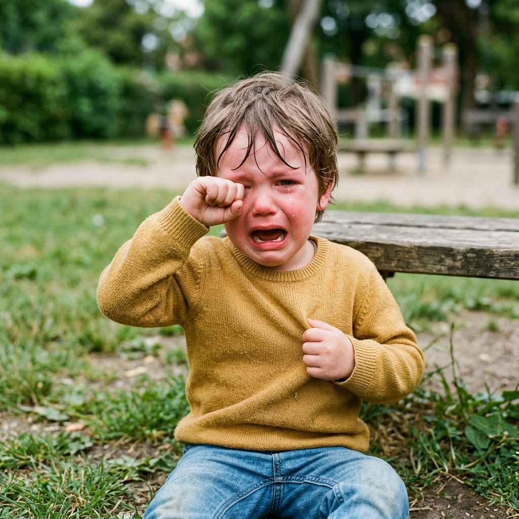 Young boy crying and wiping tears while sitting on grass near playground equipment